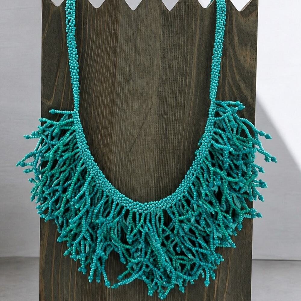 Turquoise Blue Seed Bead Fringe Bib Statement Necklace